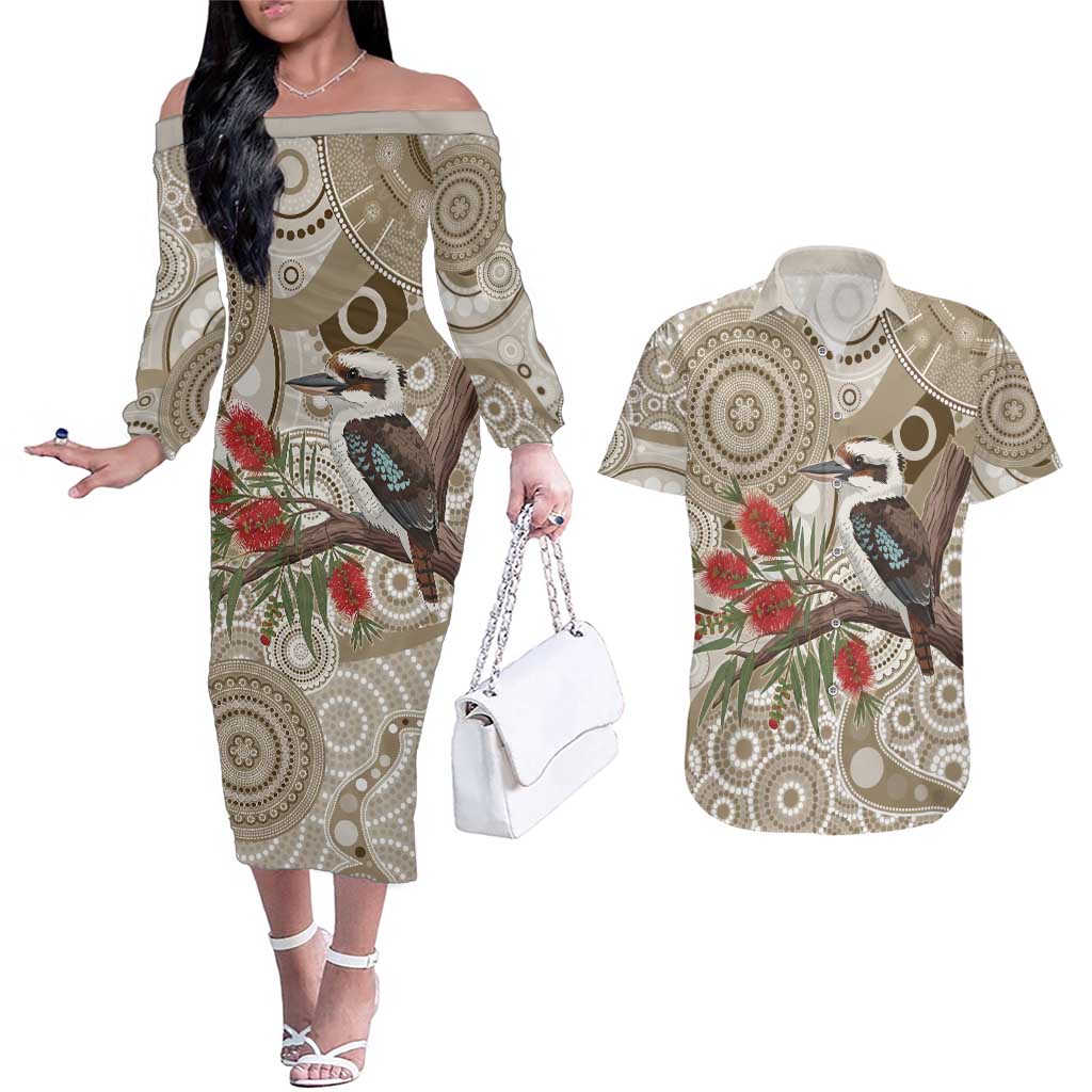 Kookaburra Bottlebrushes Personalised Couples Matching Off The Shoulder Long Sleeve Dress and Hawaiian Shirt Aboriginal Australian Dot Painting - Aussie Hoodie