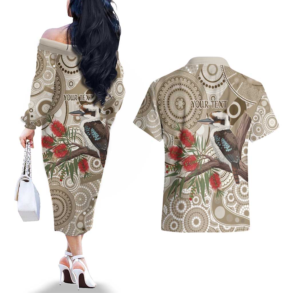 Kookaburra Bottlebrushes Personalised Couples Matching Off The Shoulder Long Sleeve Dress and Hawaiian Shirt Aboriginal Australian Dot Painting - Aussie Hoodie