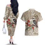 Kookaburra Bottlebrushes Personalised Couples Matching Off The Shoulder Long Sleeve Dress and Hawaiian Shirt Aboriginal Australian Dot Painting - Aussie Hoodie