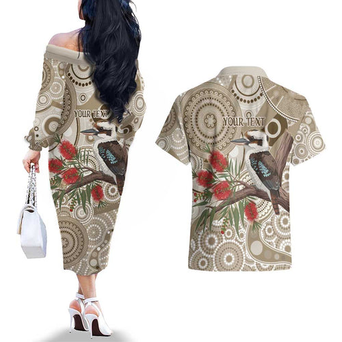 Kookaburra Bottlebrushes Personalised Couples Matching Off The Shoulder Long Sleeve Dress and Hawaiian Shirt Aboriginal Australian Dot Painting - Aussie Hoodie