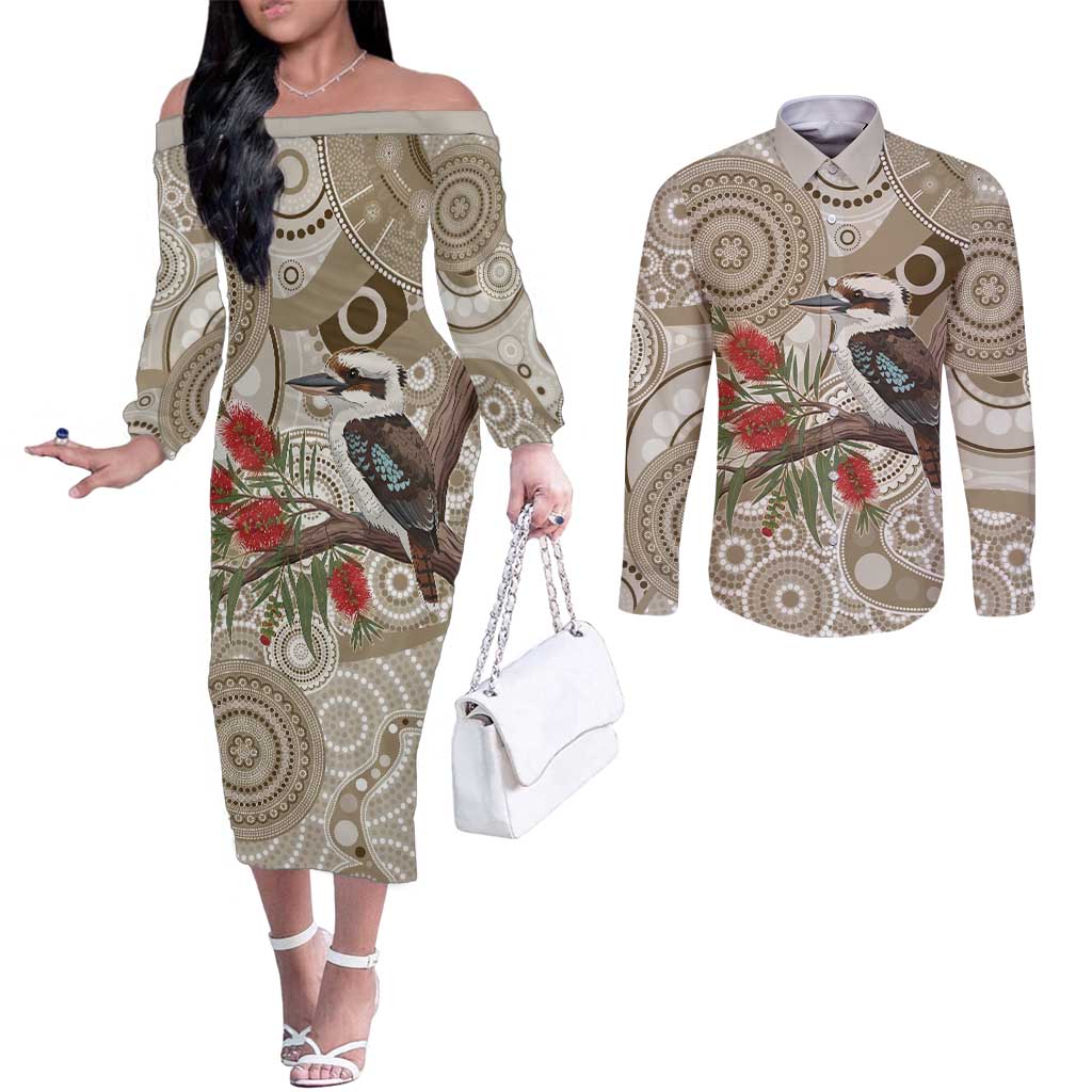 Kookaburra Bottlebrushes Personalised Couples Matching Off The Shoulder Long Sleeve Dress and Long Sleeve Button Shirt Aboriginal Australian Dot Painting - Aussie Hoodie