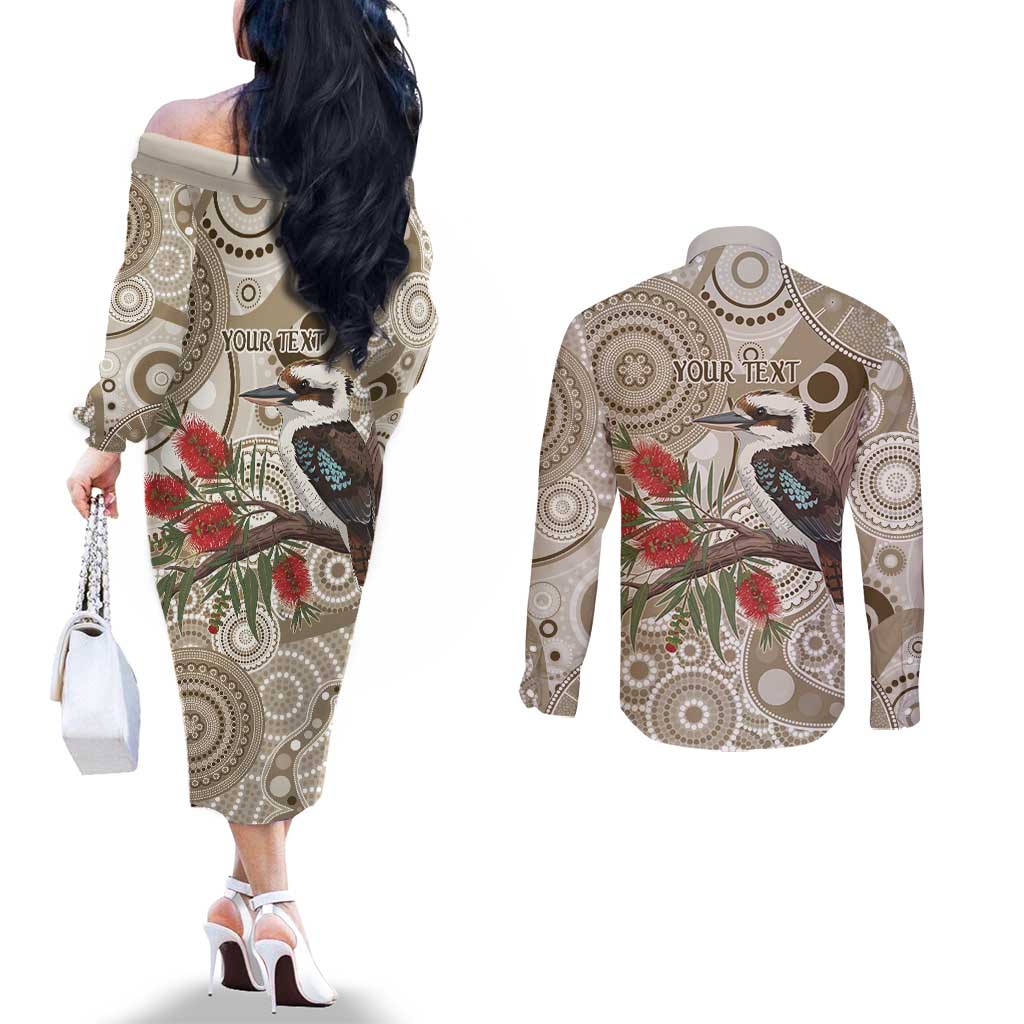 Kookaburra Bottlebrushes Personalised Couples Matching Off The Shoulder Long Sleeve Dress and Long Sleeve Button Shirt Aboriginal Australian Dot Painting - Aussie Hoodie