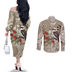 Kookaburra Bottlebrushes Personalised Couples Matching Off The Shoulder Long Sleeve Dress and Long Sleeve Button Shirt Aboriginal Australian Dot Painting - Aussie Hoodie
