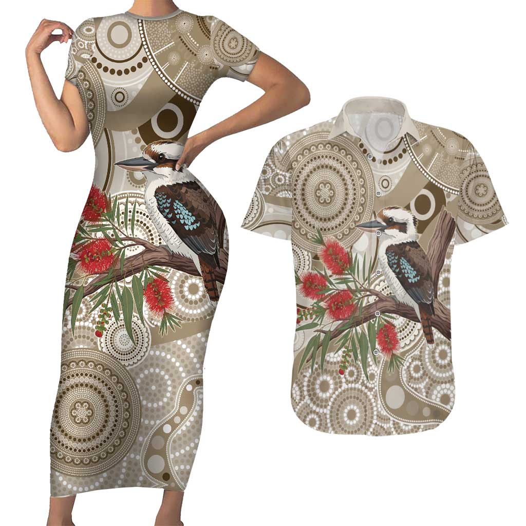 Kookaburra Bottlebrushes Personalised Couples Matching Short Sleeve Bodycon Dress and Hawaiian Shirt Aboriginal Australian Dot Painting - Aussie Hoodie