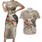 Kookaburra Bottlebrushes Personalised Couples Matching Short Sleeve Bodycon Dress and Hawaiian Shirt Aboriginal Australian Dot Painting - Aussie Hoodie