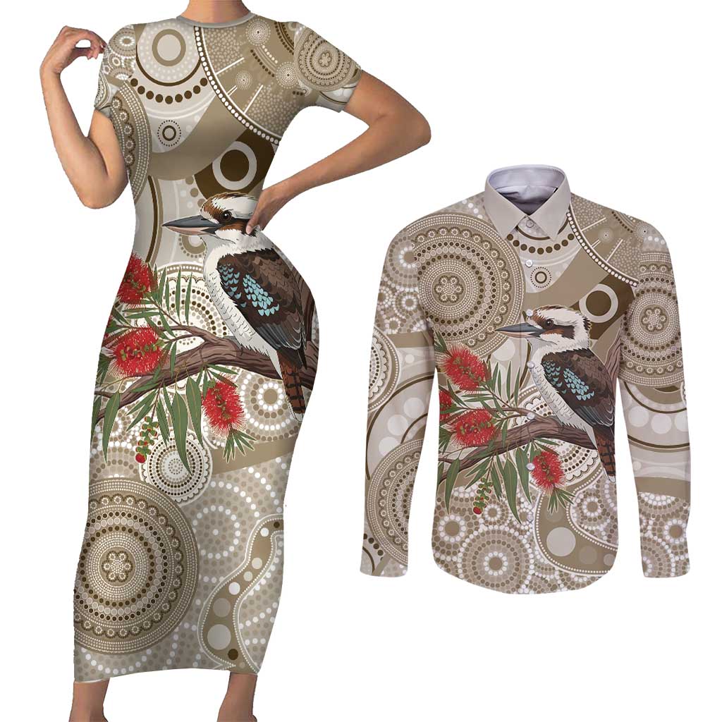 Kookaburra Bottlebrushes Personalised Couples Matching Short Sleeve Bodycon Dress and Long Sleeve Button Shirt Aboriginal Australian Dot Painting - Aussie Hoodie