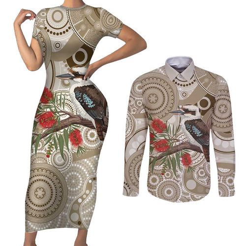 Kookaburra Bottlebrushes Personalised Couples Matching Short Sleeve Bodycon Dress and Long Sleeve Button Shirt Aboriginal Australian Dot Painting - Aussie Hoodie
