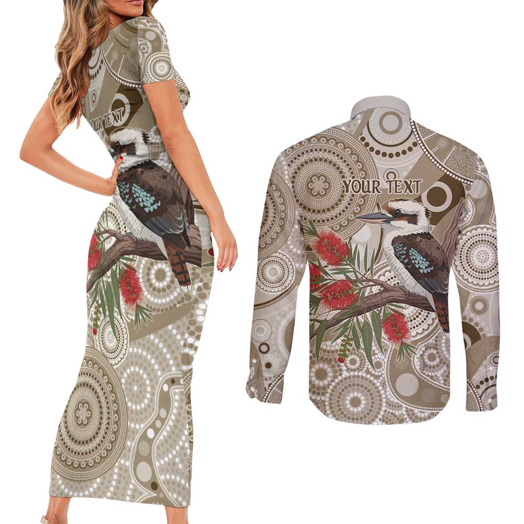 Kookaburra Bottlebrushes Personalised Couples Matching Short Sleeve Bodycon Dress and Long Sleeve Button Shirt Aboriginal Australian Dot Painting - Aussie Hoodie