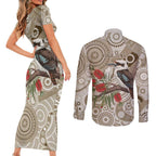 Kookaburra Bottlebrushes Personalised Couples Matching Short Sleeve Bodycon Dress and Long Sleeve Button Shirt Aboriginal Australian Dot Painting - Aussie Hoodie
