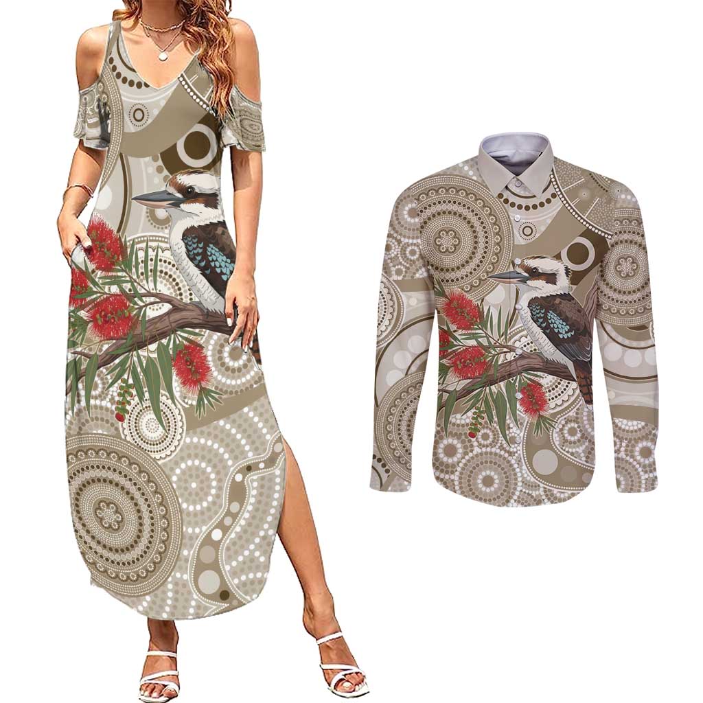 Kookaburra Bottlebrushes Personalised Couples Matching Summer Maxi Dress and Long Sleeve Button Shirt Aboriginal Australian Dot Painting - Aussie Hoodie