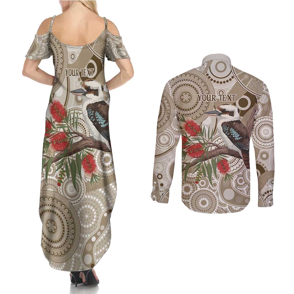 Kookaburra Bottlebrushes Personalised Couples Matching Summer Maxi Dress and Long Sleeve Button Shirt Aboriginal Australian Dot Painting - Aussie Hoodie