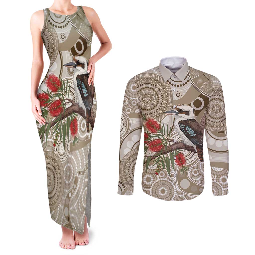 Kookaburra Bottlebrushes Personalised Couples Matching Tank Maxi Dress and Long Sleeve Button Shirt Aboriginal Australian Dot Painting - Aussie Hoodie