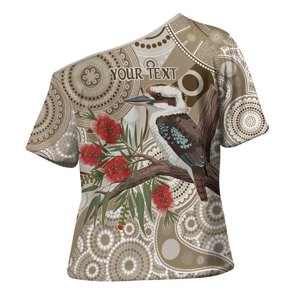 Kookaburra Bottlebrushes Personalised Cross Shoulder Shirt Aboriginal Australian Dot Painting - Aussie Hoodie