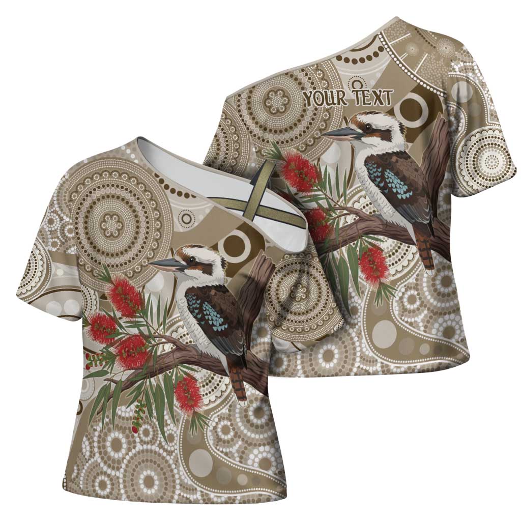 Kookaburra Bottlebrushes Personalised Cross Shoulder Shirt Aboriginal Australian Dot Painting - Aussie Hoodie