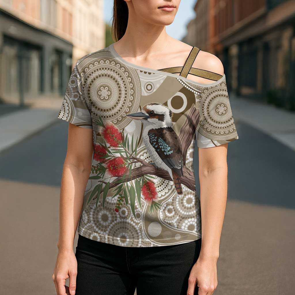 Kookaburra Bottlebrushes Personalised Cross Shoulder Shirt Aboriginal Australian Dot Painting - Aussie Hoodie