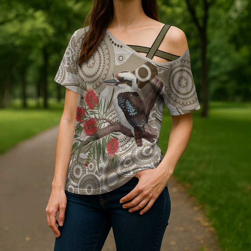 Kookaburra Bottlebrushes Personalised Cross Shoulder Shirt Aboriginal Australian Dot Painting - Aussie Hoodie