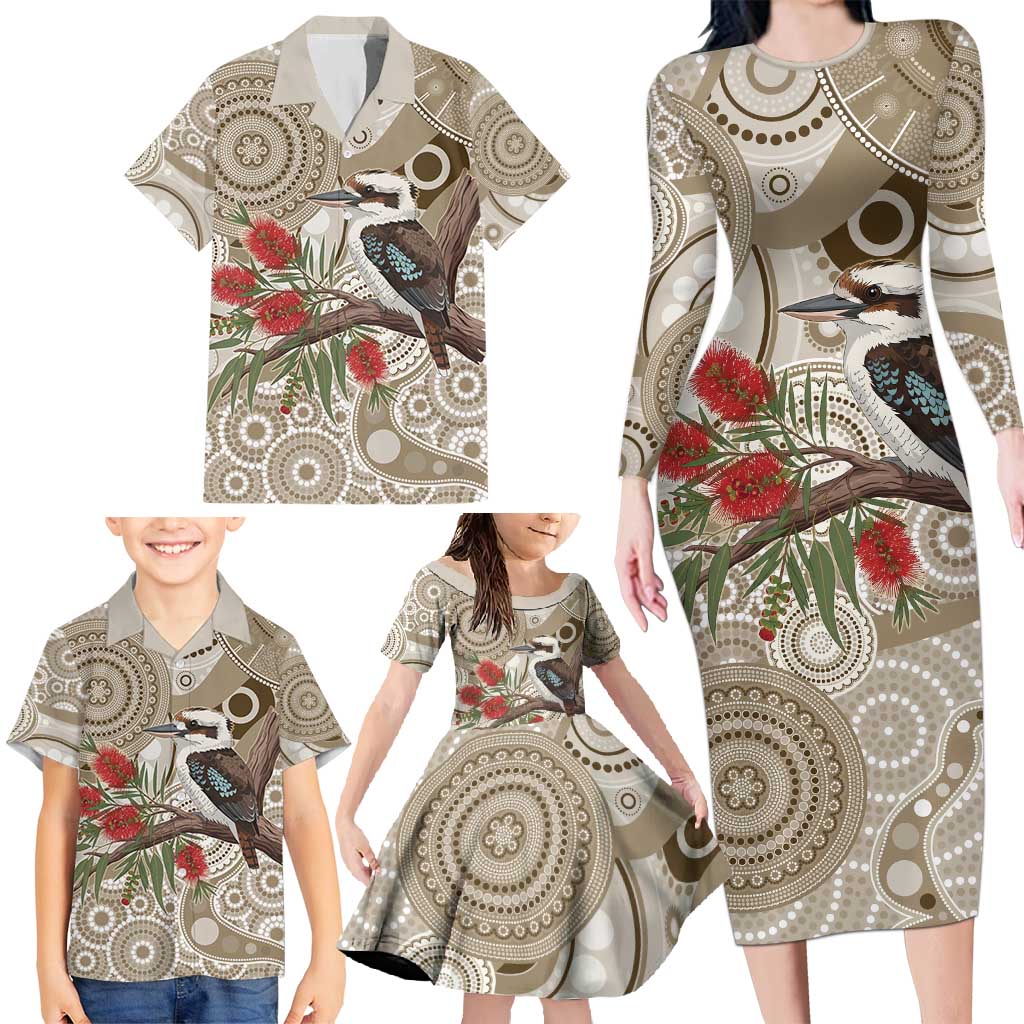 Kookaburra Bottlebrushes Personalised Family Matching Long Sleeve Bodycon Dress and Hawaiian Shirt Aboriginal Australian Dot Painting - Aussie Hoodie