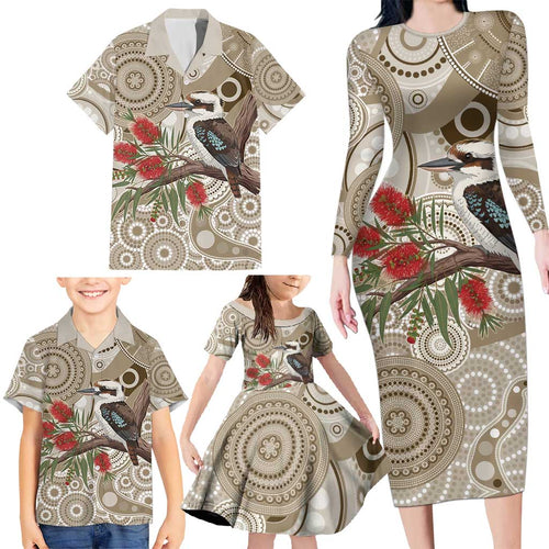 Kookaburra Bottlebrushes Personalised Family Matching Long Sleeve Bodycon Dress and Hawaiian Shirt Aboriginal Australian Dot Painting - Aussie Hoodie