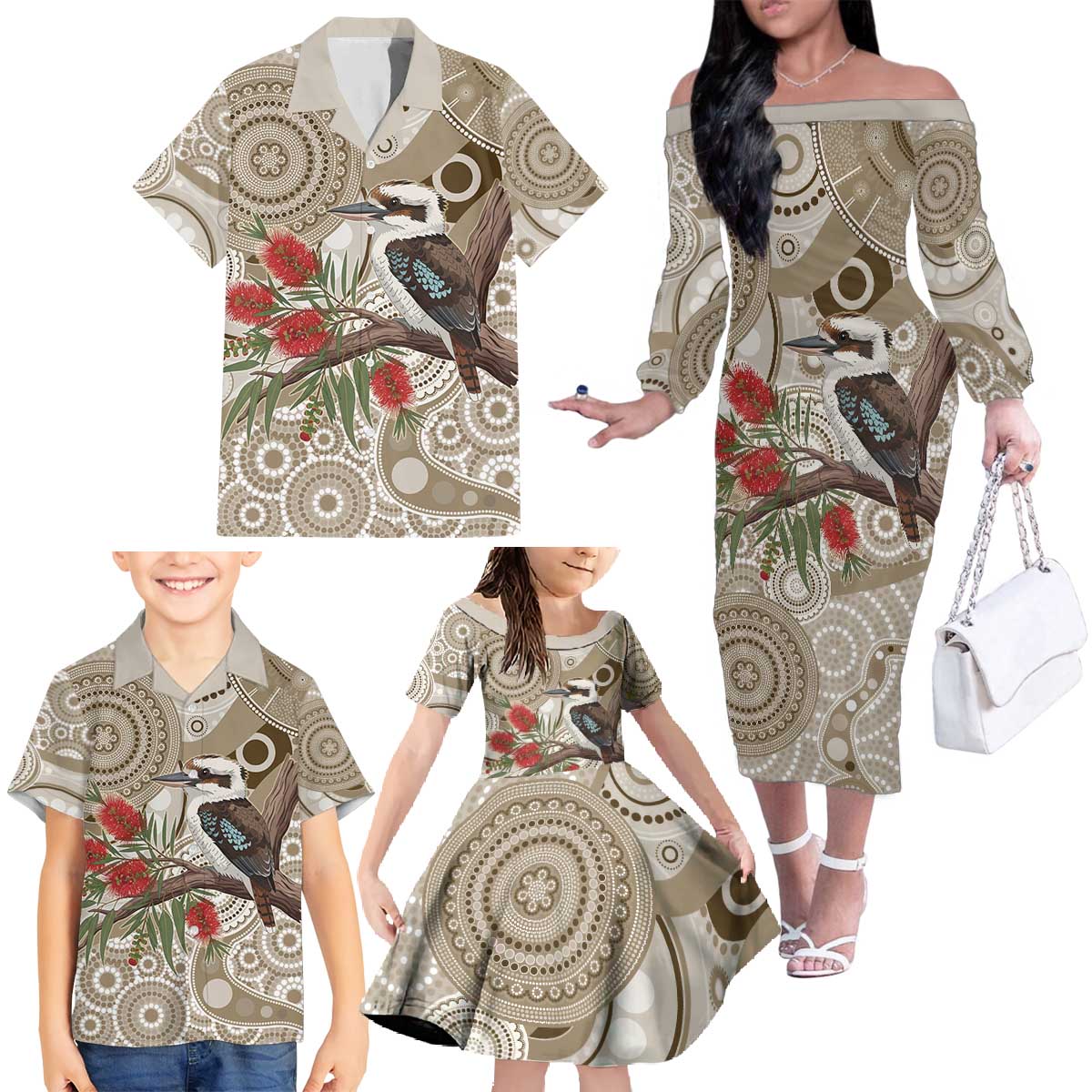 Kookaburra Bottlebrushes Personalised Family Matching Off The Shoulder Long Sleeve Dress and Hawaiian Shirt Aboriginal Australian Dot Painting - Aussie Hoodie