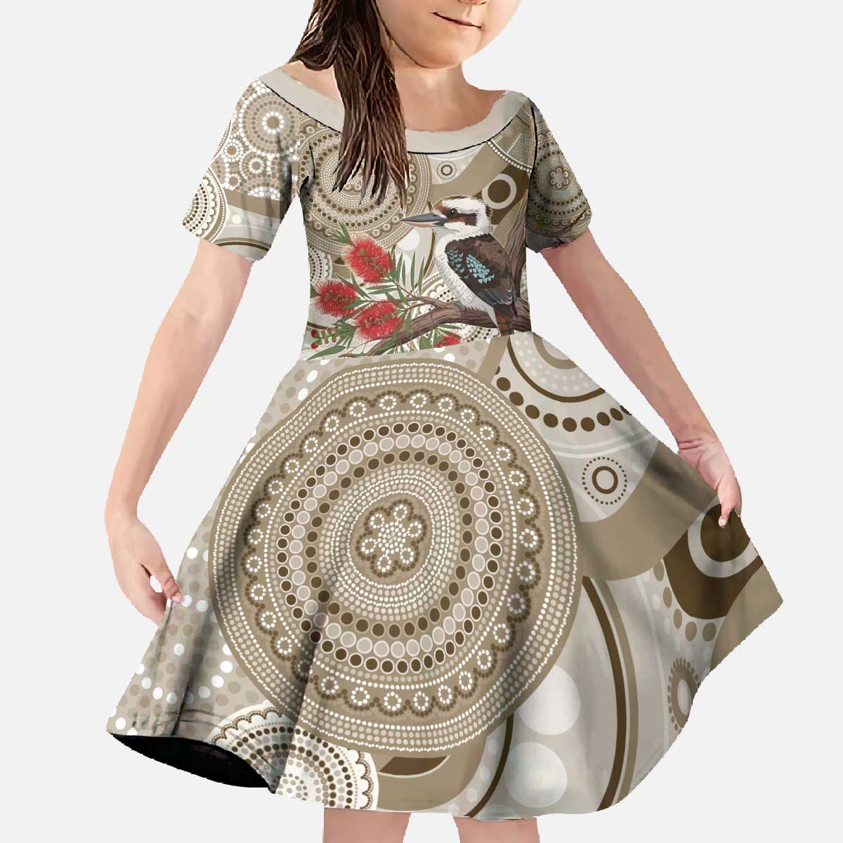 Kookaburra Bottlebrushes Personalised Family Matching Off The Shoulder Long Sleeve Dress and Hawaiian Shirt Aboriginal Australian Dot Painting - Aussie Hoodie