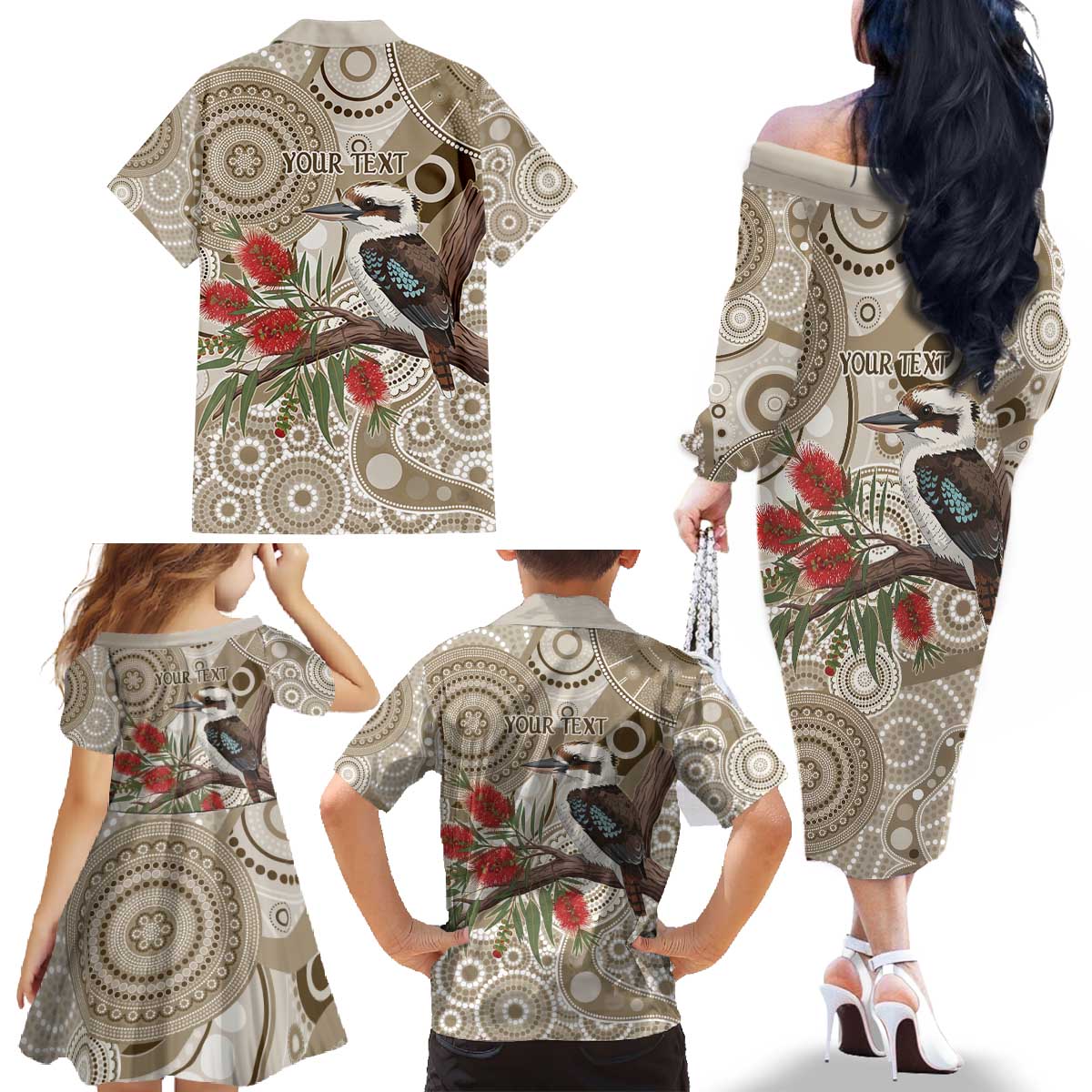 Kookaburra Bottlebrushes Personalised Family Matching Off The Shoulder Long Sleeve Dress and Hawaiian Shirt Aboriginal Australian Dot Painting - Aussie Hoodie