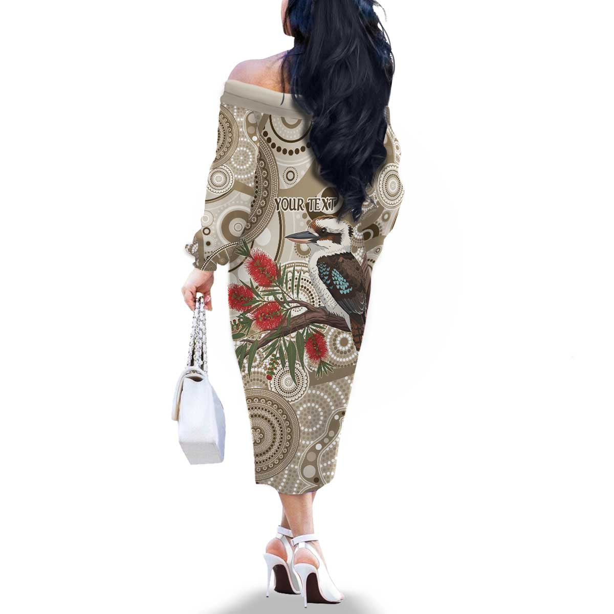 Kookaburra Bottlebrushes Personalised Family Matching Off The Shoulder Long Sleeve Dress and Hawaiian Shirt Aboriginal Australian Dot Painting - Aussie Hoodie