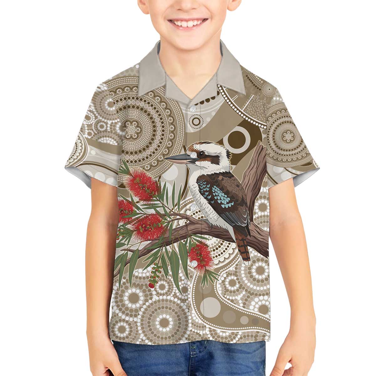 Kookaburra Bottlebrushes Personalised Family Matching Off The Shoulder Long Sleeve Dress and Hawaiian Shirt Aboriginal Australian Dot Painting - Aussie Hoodie