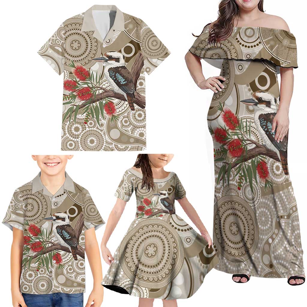 Kookaburra Bottlebrushes Personalised Family Matching Off Shoulder Maxi Dress and Hawaiian Shirt Aboriginal Australian Dot Painting - Aussie Hoodie