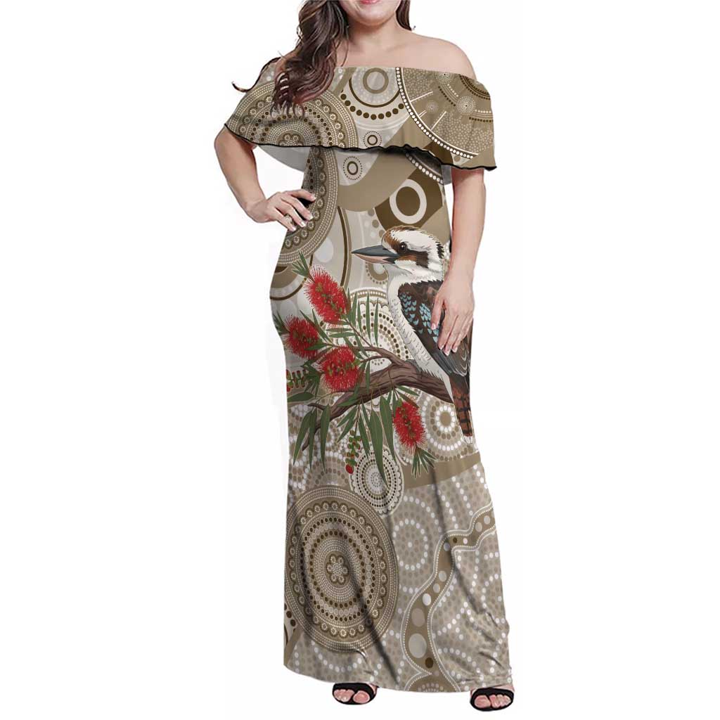 Kookaburra Bottlebrushes Personalised Family Matching Off Shoulder Maxi Dress and Hawaiian Shirt Aboriginal Australian Dot Painting - Aussie Hoodie