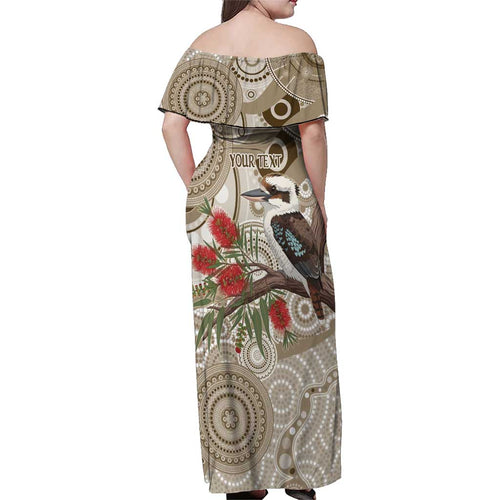 Kookaburra Bottlebrushes Personalised Family Matching Off Shoulder Maxi Dress and Hawaiian Shirt Aboriginal Australian Dot Painting - Aussie Hoodie