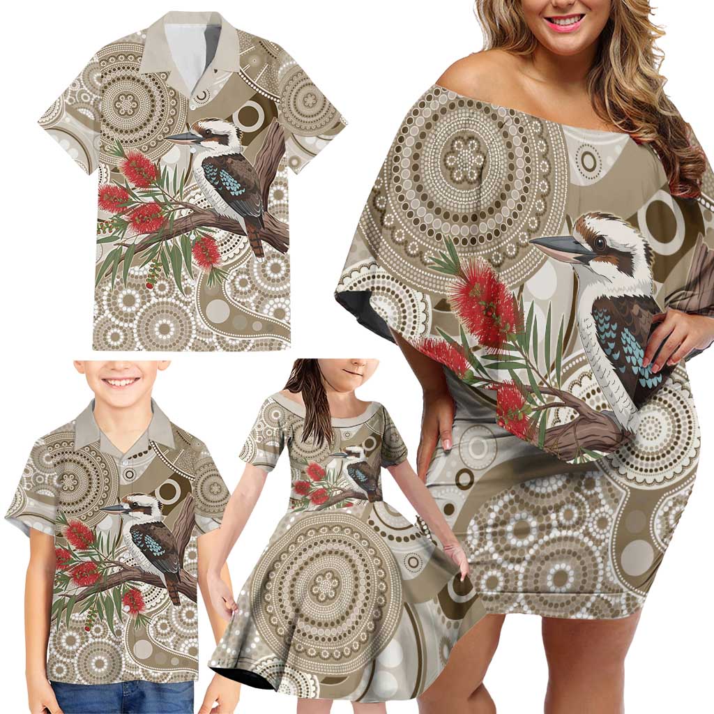 Kookaburra Bottlebrushes Personalised Family Matching Off Shoulder Short Dress and Hawaiian Shirt Aboriginal Australian Dot Painting - Aussie Hoodie