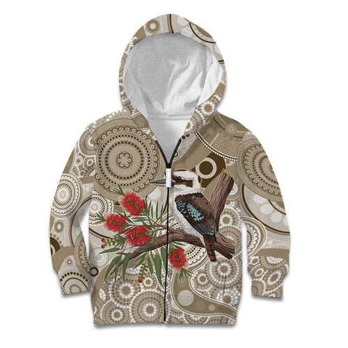 Kookaburra Bottlebrushes Personalised Kid Hoodie Aboriginal Australian Dot Painting - Aussie Hoodie