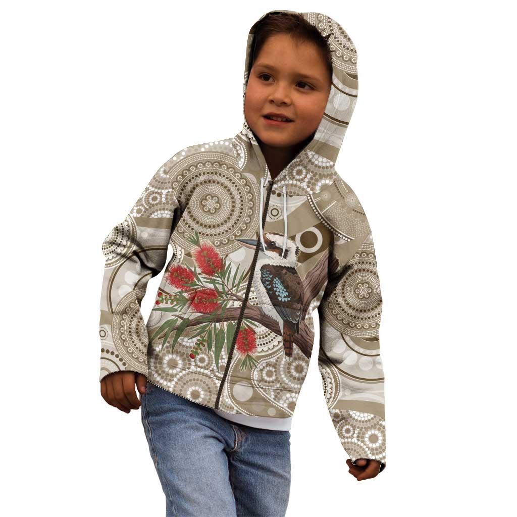 Kookaburra Bottlebrushes Personalised Kid Hoodie Aboriginal Australian Dot Painting - Aussie Hoodie