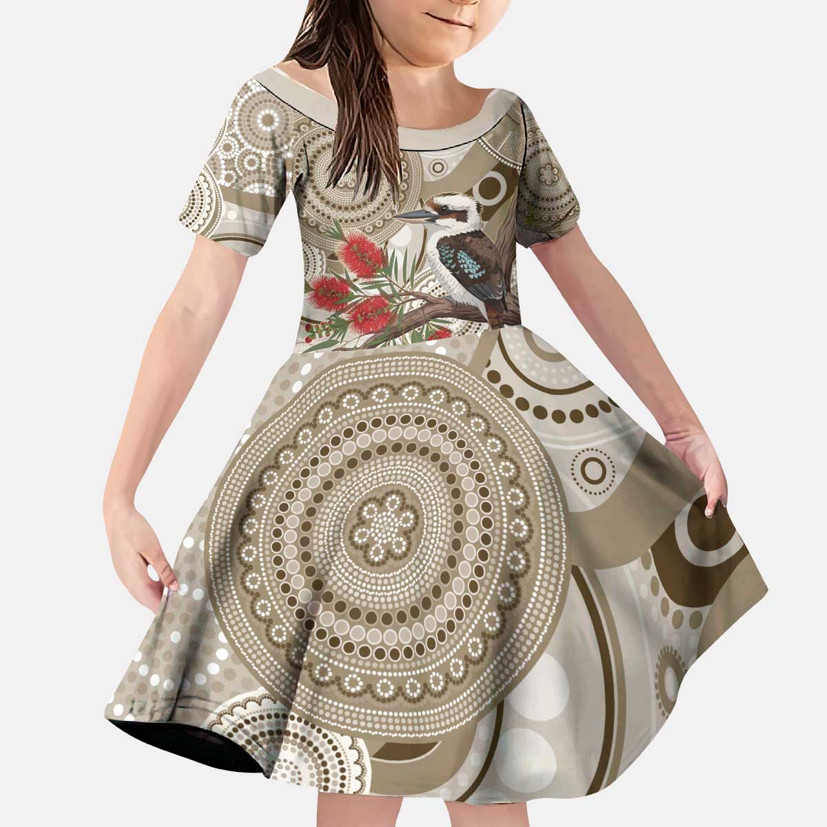 Kookaburra Bottlebrushes Personalised Kid Short Sleeve Dress Aboriginal Australian Dot Painting - Aussie Hoodie