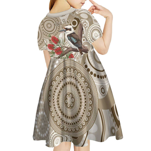 Kookaburra Bottlebrushes Personalised Kid Short Sleeve Dress Aboriginal Australian Dot Painting - Aussie Hoodie