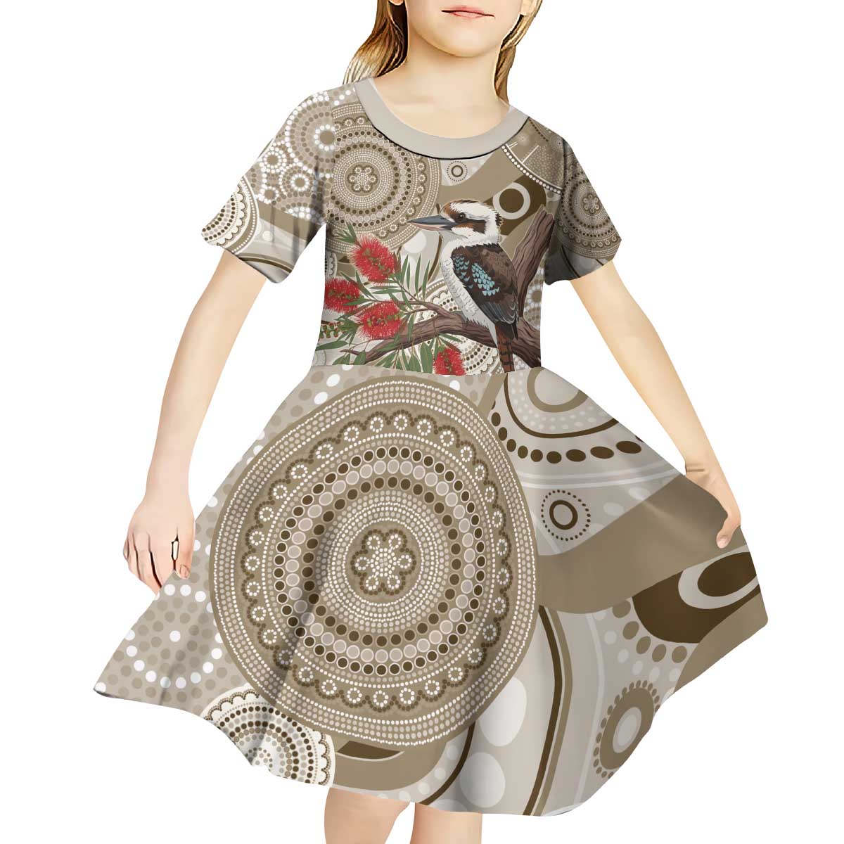 Kookaburra Bottlebrushes Personalised Kid Short Sleeve Dress Aboriginal Australian Dot Painting - Aussie Hoodie