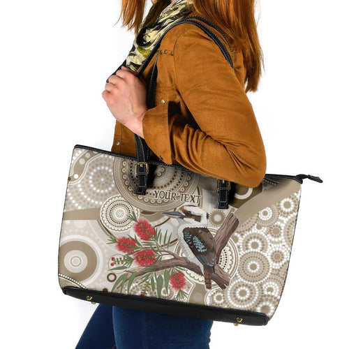 Kookaburra Bottlebrushes Personalised Leather Tote Bag Aboriginal Australian Dot Painting - Aussie Hoodie