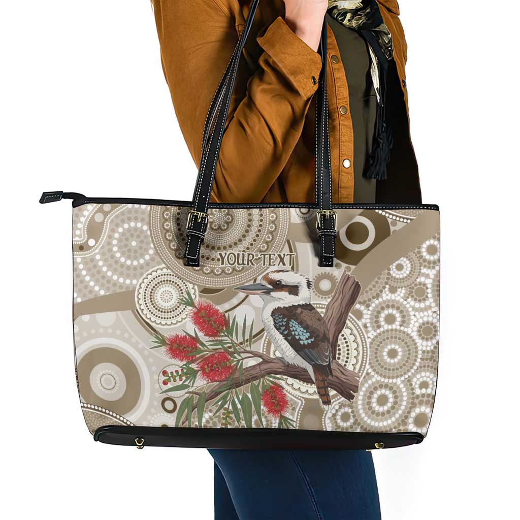 Kookaburra Bottlebrushes Personalised Leather Tote Bag Aboriginal Australian Dot Painting - Aussie Hoodie