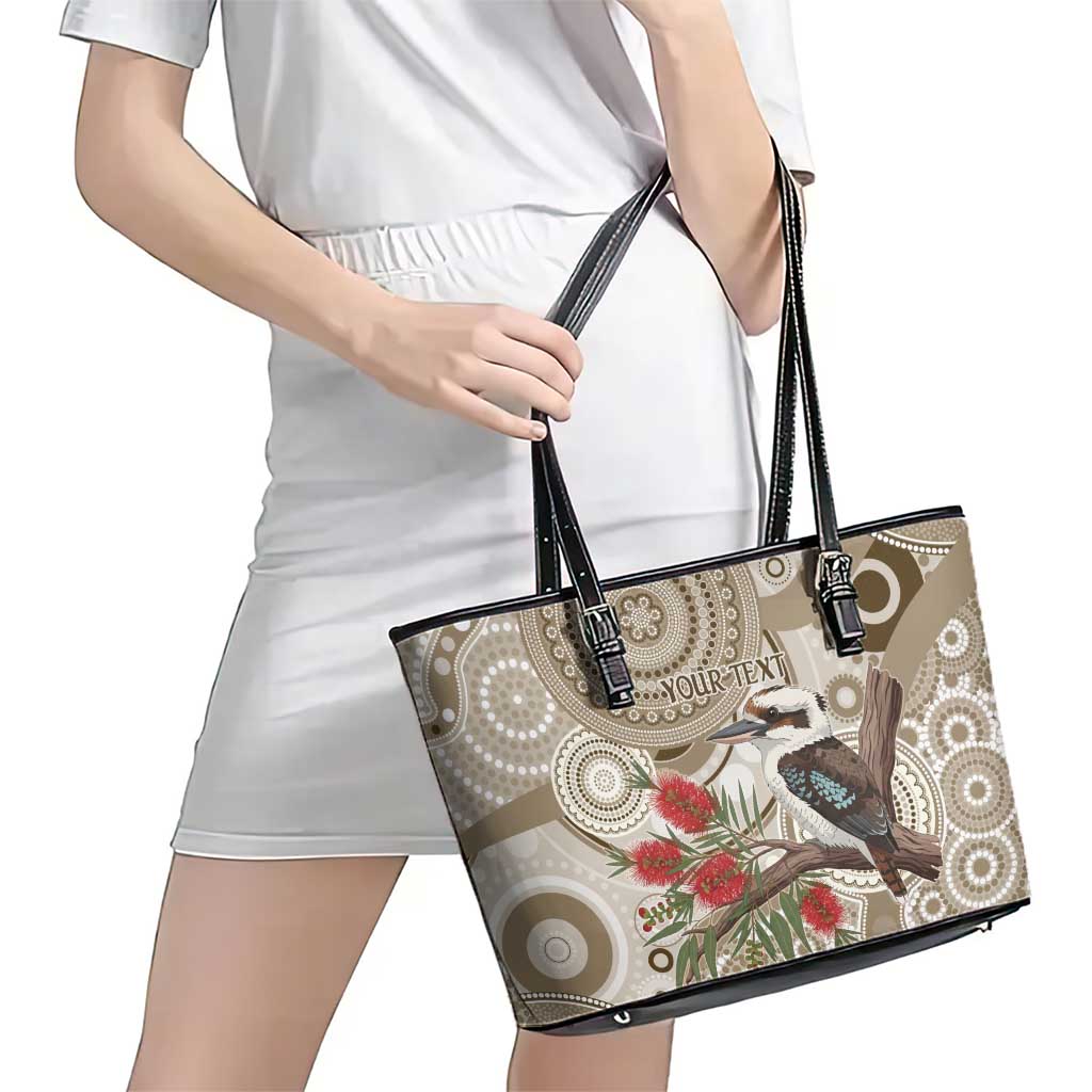 Kookaburra Bottlebrushes Personalised Leather Tote Bag Aboriginal Australian Dot Painting - Aussie Hoodie
