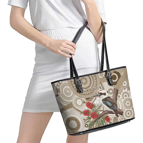 Kookaburra Bottlebrushes Personalised Leather Tote Bag Aboriginal Australian Dot Painting - Aussie Hoodie