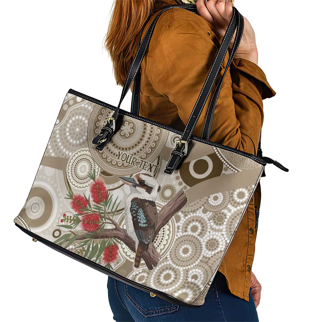 Kookaburra Bottlebrushes Personalised Leather Tote Bag Aboriginal Australian Dot Painting - Aussie Hoodie