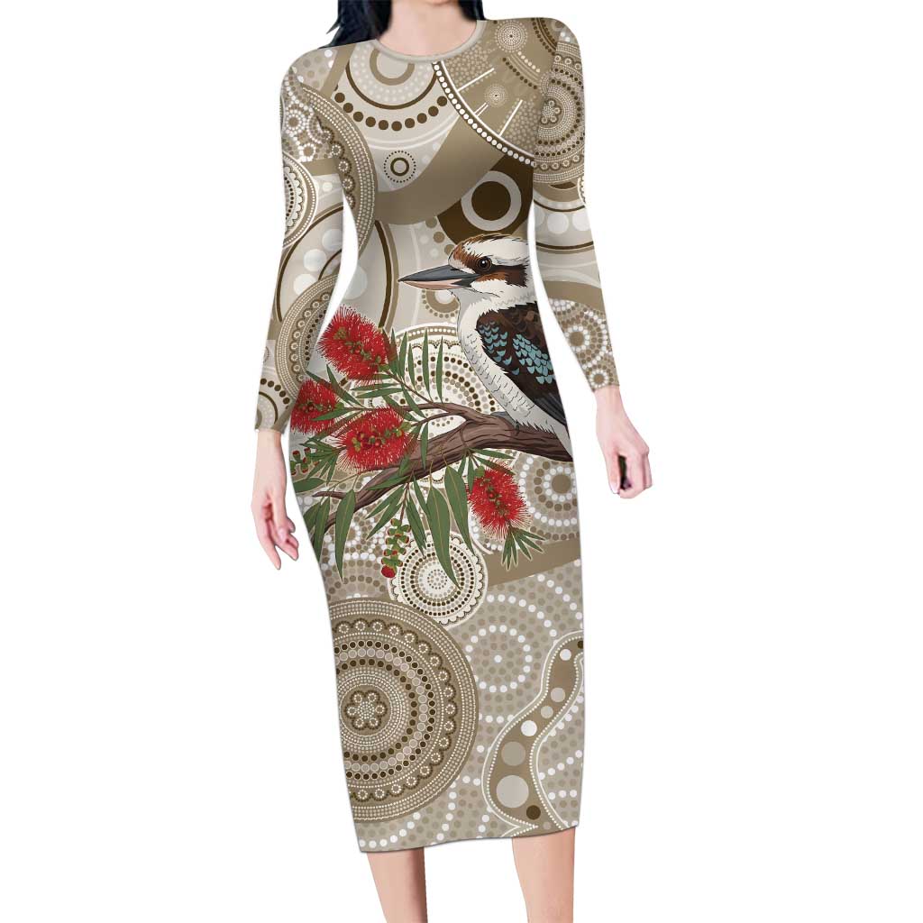 Kookaburra Bottlebrushes Personalised Long Sleeve Bodycon Dress Aboriginal Australian Dot Painting - Aussie Hoodie