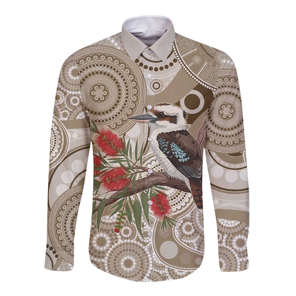 Kookaburra Bottlebrushes Personalised Long Sleeve Button Shirt Aboriginal Australian Dot Painting - Aussie Hoodie
