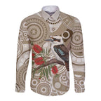 Kookaburra Bottlebrushes Personalised Long Sleeve Button Shirt Aboriginal Australian Dot Painting - Aussie Hoodie