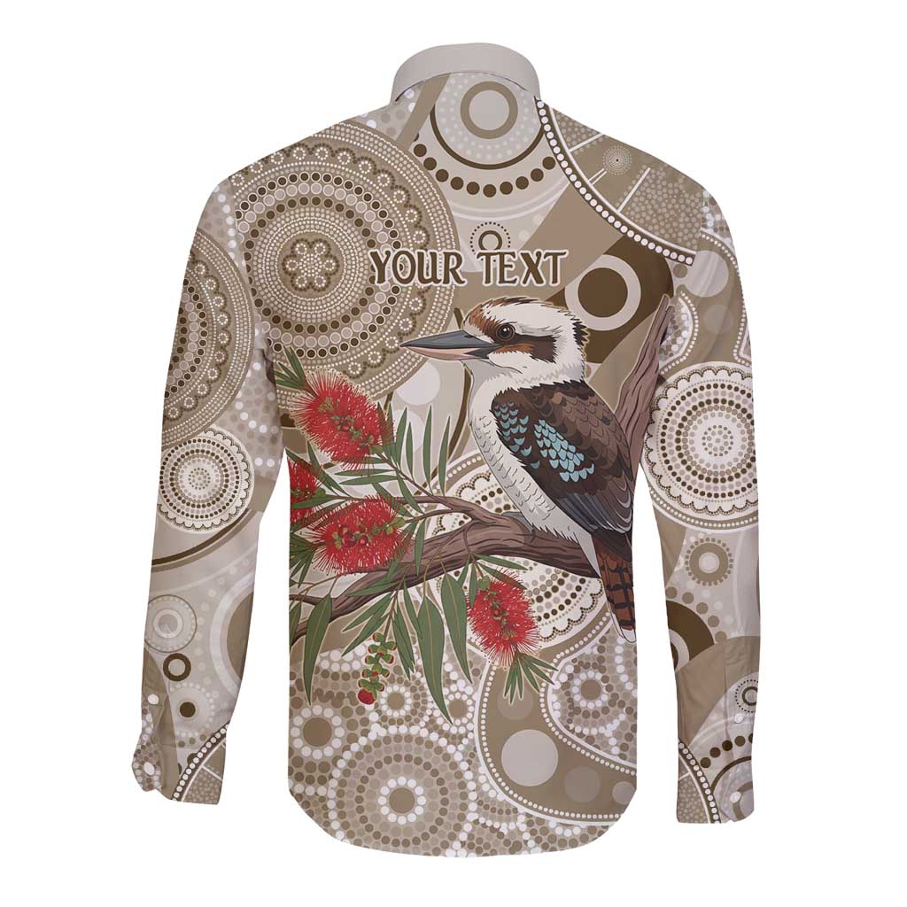Kookaburra Bottlebrushes Personalised Long Sleeve Button Shirt Aboriginal Australian Dot Painting - Aussie Hoodie