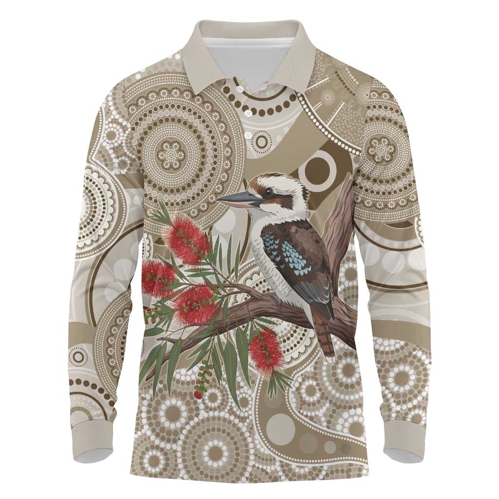 Kookaburra Bottlebrushes Personalised Long Sleeve Polo Shirt Aboriginal Australian Dot Painting - Aussie Hoodie