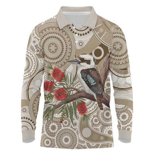 Kookaburra Bottlebrushes Personalised Long Sleeve Polo Shirt Aboriginal Australian Dot Painting - Aussie Hoodie