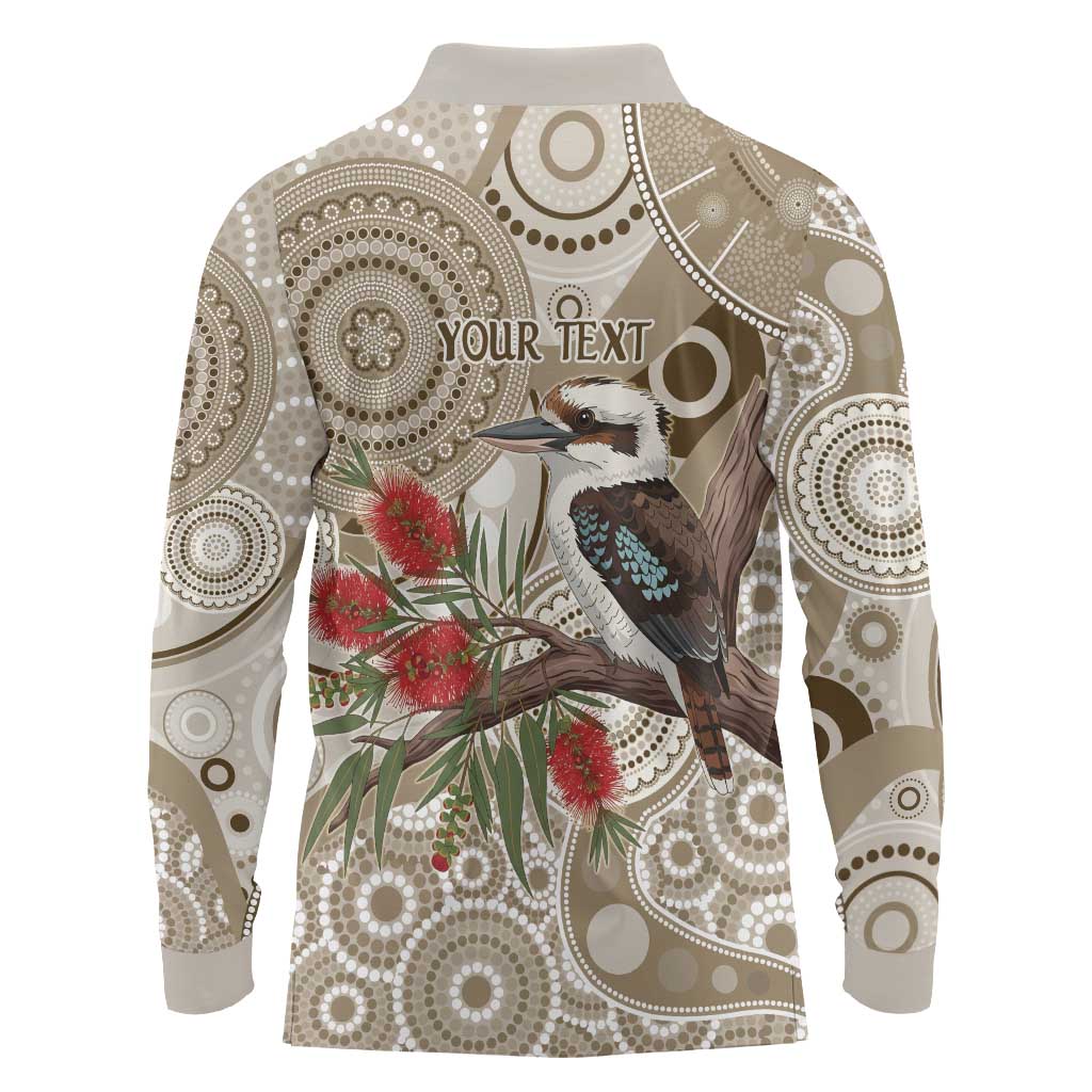 Kookaburra Bottlebrushes Personalised Long Sleeve Polo Shirt Aboriginal Australian Dot Painting - Aussie Hoodie