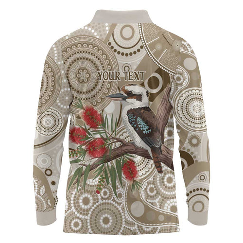 Kookaburra Bottlebrushes Personalised Long Sleeve Polo Shirt Aboriginal Australian Dot Painting - Aussie Hoodie