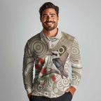 Kookaburra Bottlebrushes Personalised Long Sleeve Polo Shirt Aboriginal Australian Dot Painting - Aussie Hoodie